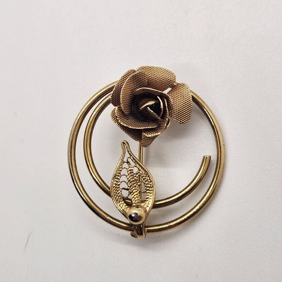 Spiral Circle Pin Brooch Bronze Gold Tone w Mesh Rose Flower VTG Costume Jewelry - Picture 3 of 10